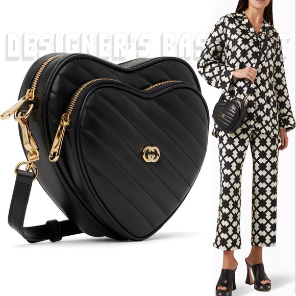 GUCCI black Mini HEART Matelasse Leather Interlocking G crossbody strap bag +🎁 - Picture 7 of 9